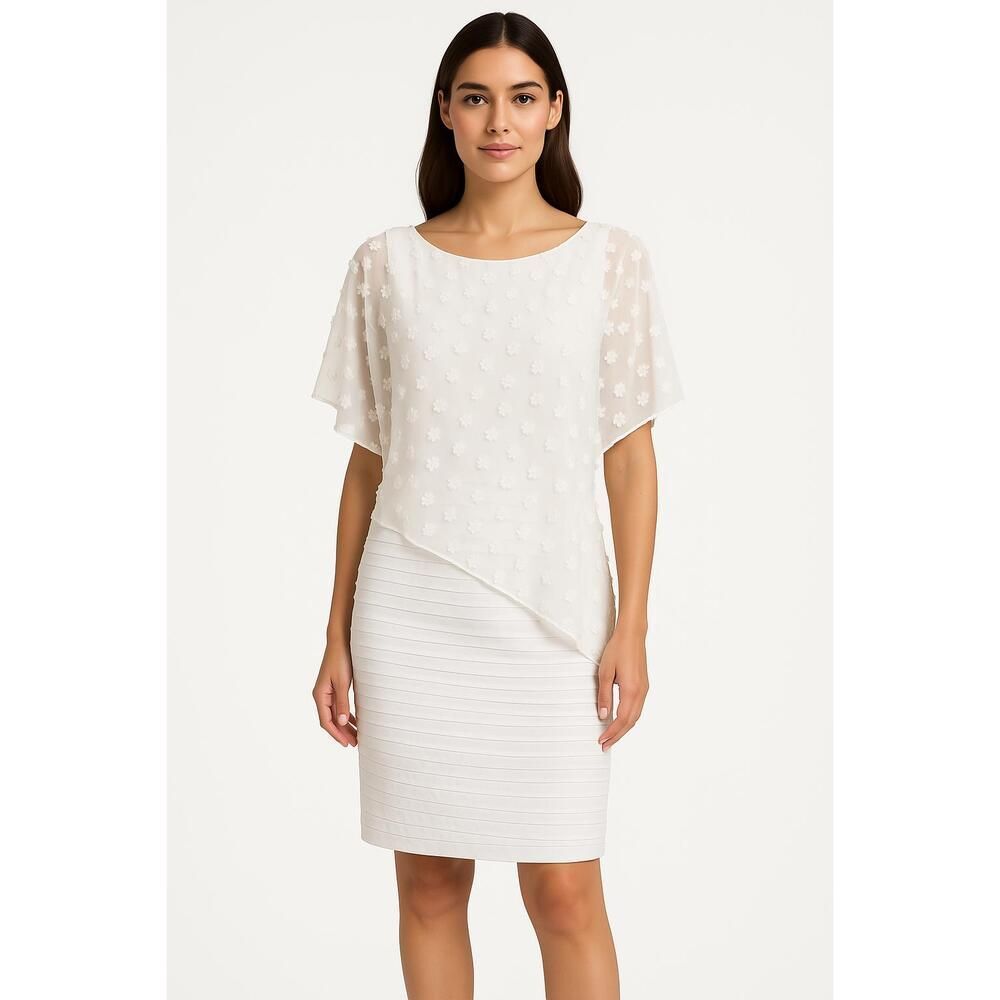 Adrianna Papell White Chiffon Drape Pleated Sheer Floral Overlay Dress Womens 4